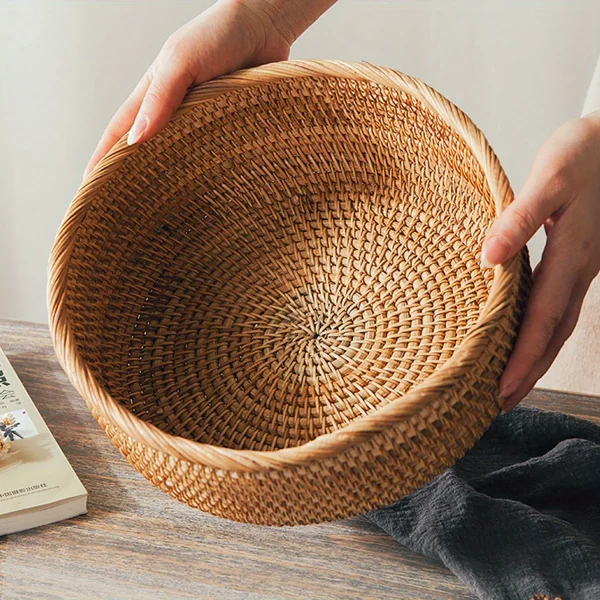 1pc/3pcs Rattan Fruit Basket Circular Woven Decorative Serving Basket Steamed Bun Basket Home Desktop Storage Box 3
