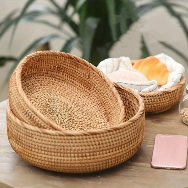 1pc/3pcs Rattan Fruit Basket Circular Woven Decorative Serving Basket Steamed Bun Basket Home Desktop Storage Box 4