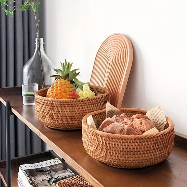 1pc/3pcs Rattan Fruit Basket Circular Woven Decorative Serving Basket Steamed Bun Basket Home Desktop Storage Box 5
