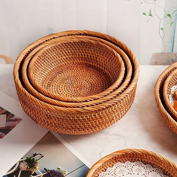 1pc/3pcs Rattan Fruit Basket Circular Woven Decorative Serving Basket Steamed Bun Basket Home Desktop Storage Box 6