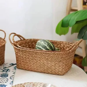 Woven Storage Basket for Fruits And Snacks, Double-Handled Rattan Basket for Organizing Miscellaneous Items, Shelf Baskets 1