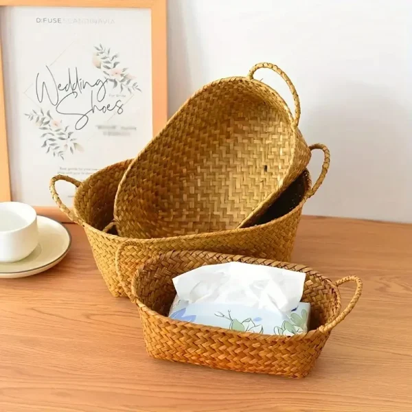 Woven Storage Basket for Fruits And Snacks, Double-Handled Rattan Basket for Organizing Miscellaneous Items, Shelf Baskets 2