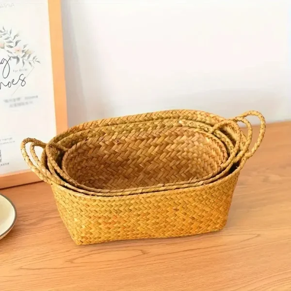Woven Storage Basket for Fruits And Snacks, Double-Handled Rattan Basket for Organizing Miscellaneous Items, Shelf Baskets 3