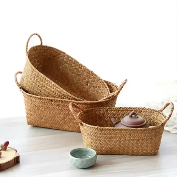 Woven Storage Basket for Fruits And Snacks, Double-Handled Rattan Basket for Organizing Miscellaneous Items, Shelf Baskets 4