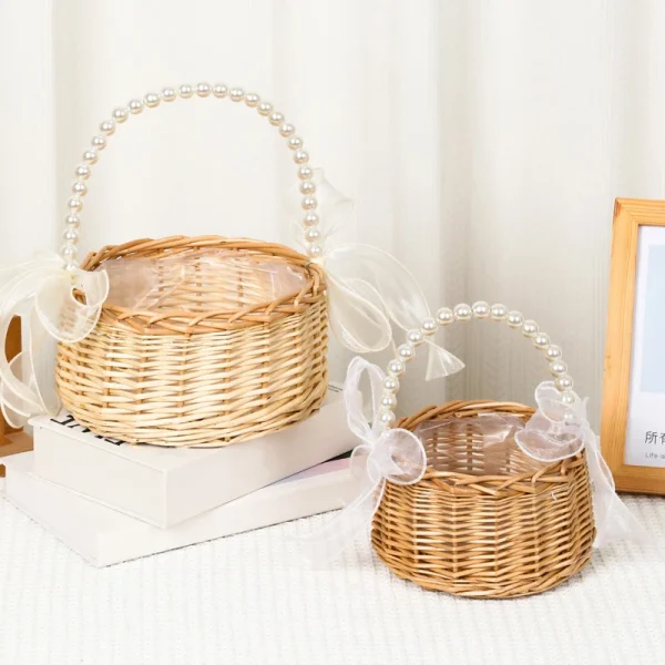 Willow Rattan Woven Basket Wicker Half Moon Storage With Pearl Handle Sturdy Small Flower Basket Flower Basket Picnic Container 5