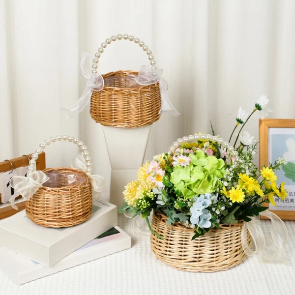 Willow Rattan Woven Basket Wicker Half Moon Storage With Pearl Handle Sturdy Small Flower Basket Flower Basket Picnic Container 6