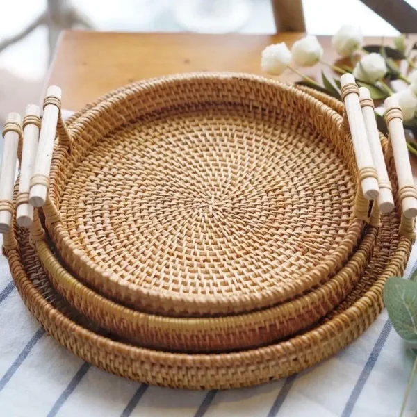 Handwoven Rattan Tray & Food Storage Basket | Eco-Friendly Kitchen Organizer with Lid, Farmhouse Home Decor 2