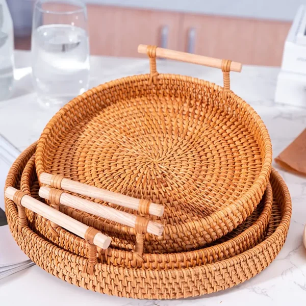 Handwoven Rattan Tray & Food Storage Basket | Eco-Friendly Kitchen Organizer with Lid, Farmhouse Home Decor 4