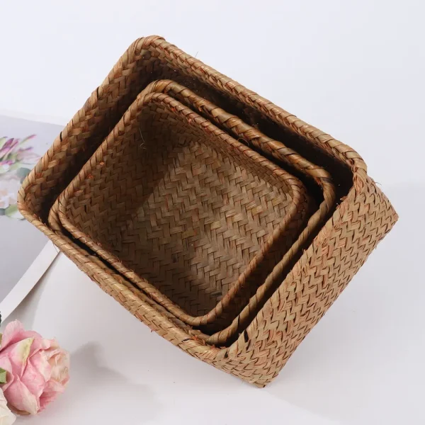 Home Decor Cosmetic Storage Fruit Storage Box Storage Baskets Picnic Basket Woven Seagrass Straw Rattan Basket 4