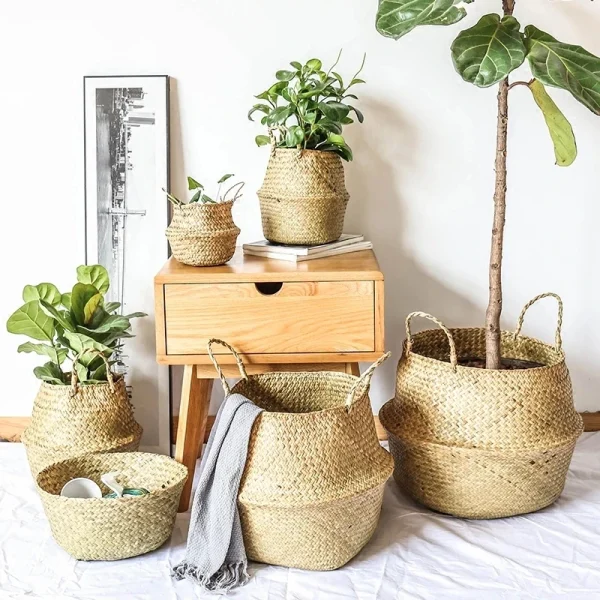 Zerolife Seaweed Wicker Basket Rattan Hanging Flower Pot Dirty Clothes Basket Storage Basket Cesta Mimbre Basket Picnic Basket 2