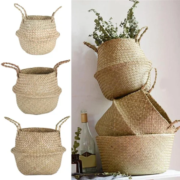 Zerolife Seaweed Wicker Basket Rattan Hanging Flower Pot Dirty Clothes Basket Storage Basket Cesta Mimbre Basket Picnic Basket 3
