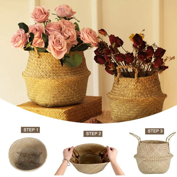 Zerolife Seaweed Wicker Basket Rattan Hanging Flower Pot Dirty Clothes Basket Storage Basket Cesta Mimbre Basket Picnic Basket 4