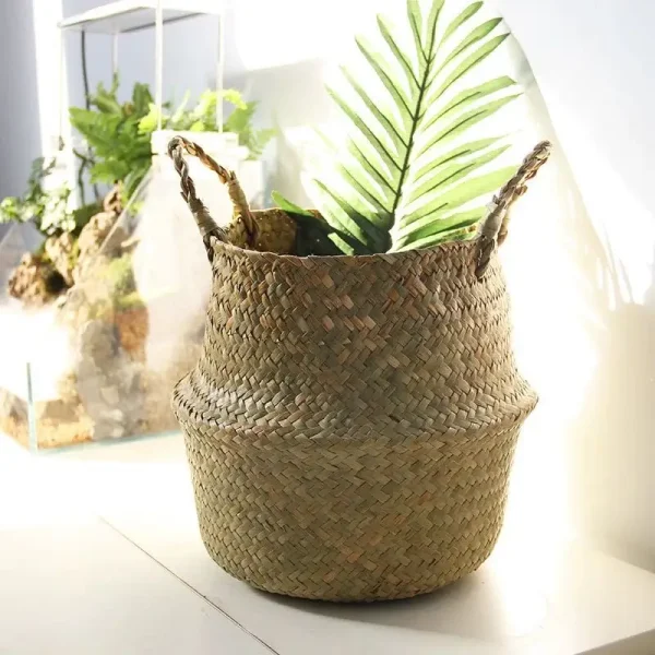 Folding Wicker Basket Toy Organizer, Seagrass Storage Basket, Laundry Woven Basket, Plant Flower Pot For Home Garden 4