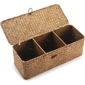 Seagrass Storage Basket  with Lid Rectangular Woven with 3 Compartment , for Restaurant Kitchen Bathroom owels, Home Decor  ﻿ 1