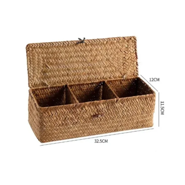 Seagrass Storage Basket  with Lid Rectangular Woven with 3 Compartment , for Restaurant Kitchen Bathroom owels, Home Decor  ﻿ 2