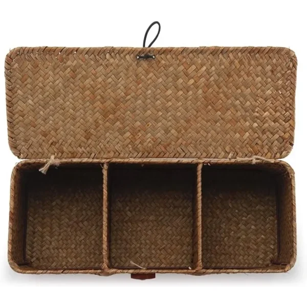 Seagrass Storage Basket  with Lid Rectangular Woven with 3 Compartment , for Restaurant Kitchen Bathroom owels, Home Decor  ﻿ 4