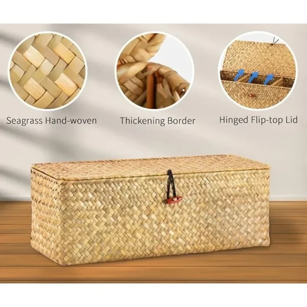 Seagrass Storage Basket  with Lid Rectangular Woven with 3 Compartment , for Restaurant Kitchen Bathroom owels, Home Decor  ﻿ 5