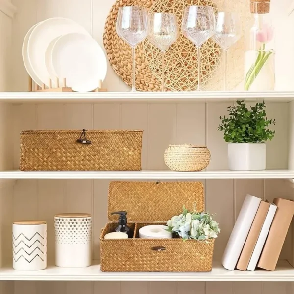 Seagrass Storage Basket  with Lid Rectangular Woven with 3 Compartment , for Restaurant Kitchen Bathroom owels, Home Decor  ﻿ 6