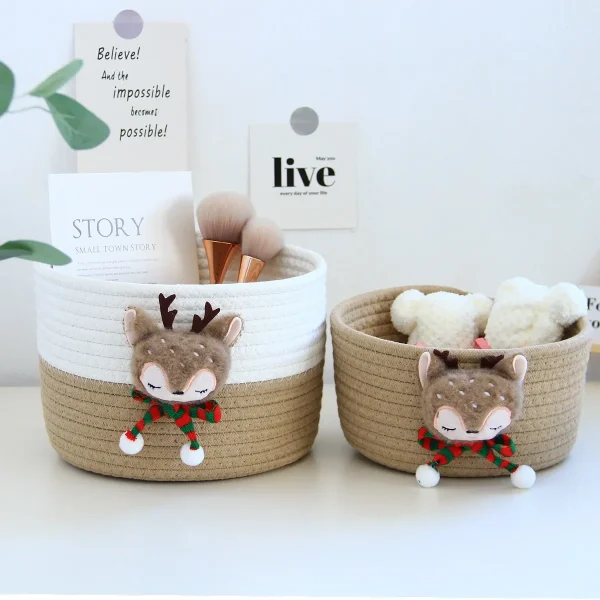 Cute Cartoon Storage Baskets Woven Cotton Rope Desktop Storage Box Jewelry Cosmetics Snacks Sundries Key Kid Toys Organizer Bins 2