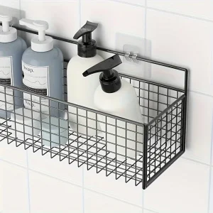 1pc Rustic Wall-Mounted Storage Baskets,No-Drill Bathroom Organizer Shelves,Non-Toxic Bathroom Vanity Shelf, No Battery Required 1