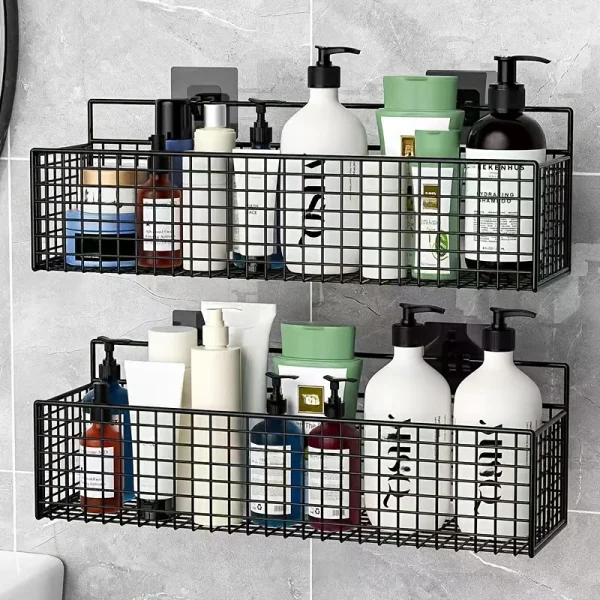 1pc Rustic Wall-Mounted Storage Baskets,No-Drill Bathroom Organizer Shelves,Non-Toxic Bathroom Vanity Shelf, No Battery Required 2