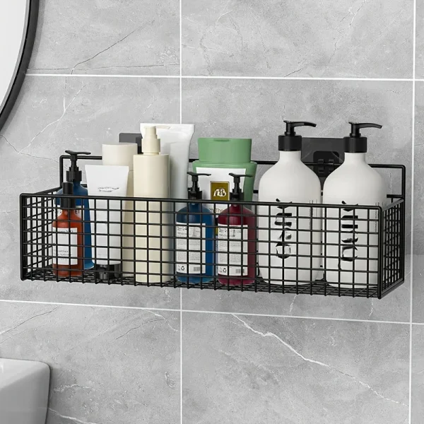 1pc Rustic Wall-Mounted Storage Baskets,No-Drill Bathroom Organizer Shelves,Non-Toxic Bathroom Vanity Shelf, No Battery Required 3