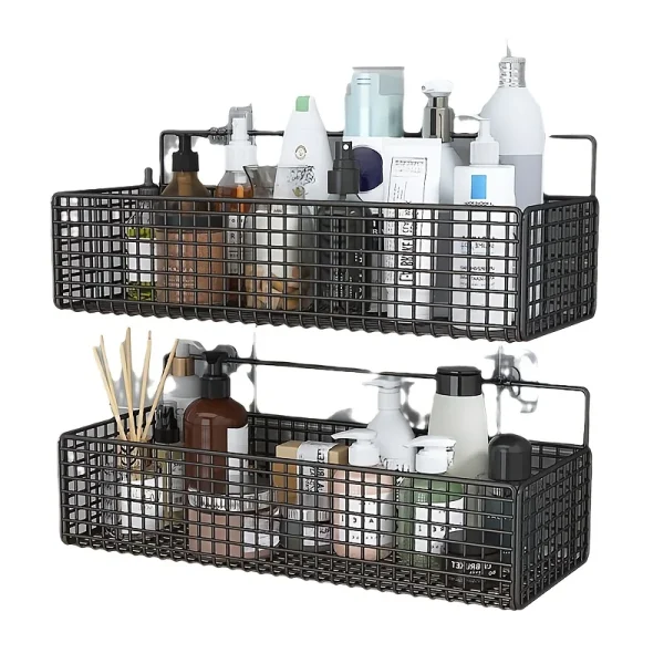1pc Rustic Wall-Mounted Storage Baskets,No-Drill Bathroom Organizer Shelves,Non-Toxic Bathroom Vanity Shelf, No Battery Required 5