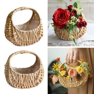Willow Rattan Flower Girl Baskets Yellow Sturdy Flower Arrangement Basket Picnic Container Handmade Wicker Half Moon Baskets 1