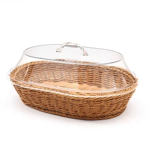Woven Rattan Basket Bread Basket with Acrylic Lid Tabletop Woven Fruit Basket with Cover Imitation Rattan Bread Basket Decor 1