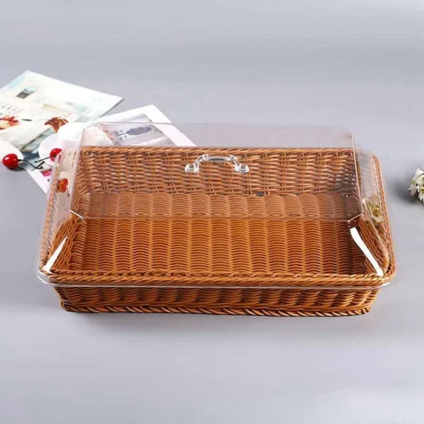 Woven Rattan Basket Bread Basket with Acrylic Lid Tabletop Woven Fruit Basket with Cover Imitation Rattan Bread Basket Decor 2