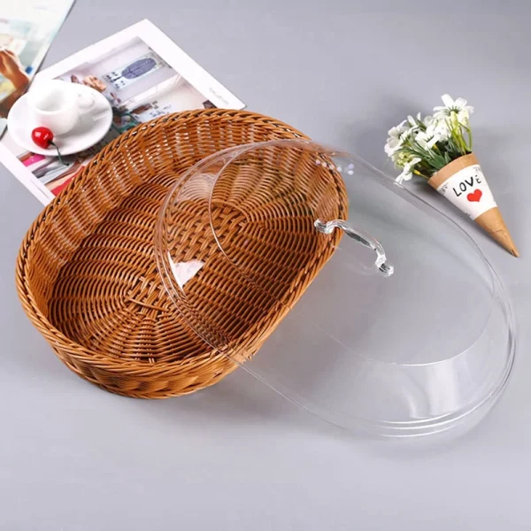 Woven Rattan Basket Bread Basket with Acrylic Lid Tabletop Woven Fruit Basket with Cover Imitation Rattan Bread Basket Decor 5