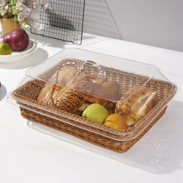 Woven Rattan Basket Bread Basket with Acrylic Lid Tabletop Woven Fruit Basket with Cover Imitation Rattan Bread Basket Decor 6