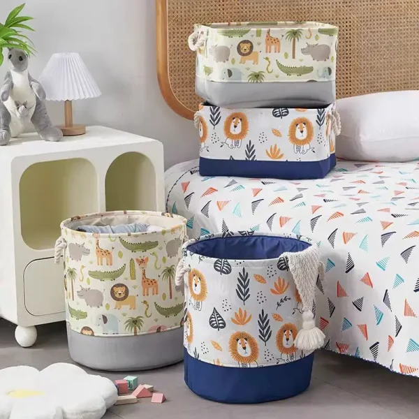 Foldable Kid Storage Basket for Clothes Toys Fabric Forest Animals Lion Giraffe Crocodile Hippo Laundry Hamper for Home Bedroom 2