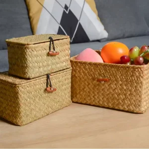 +Seagrass Wicker Shelf Basket with Lid, Handwoven, Desktop Organizer for Makeup & Small Items 1