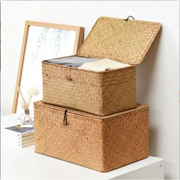 +Seagrass Wicker Shelf Basket with Lid, Handwoven, Desktop Organizer for Makeup & Small Items 2