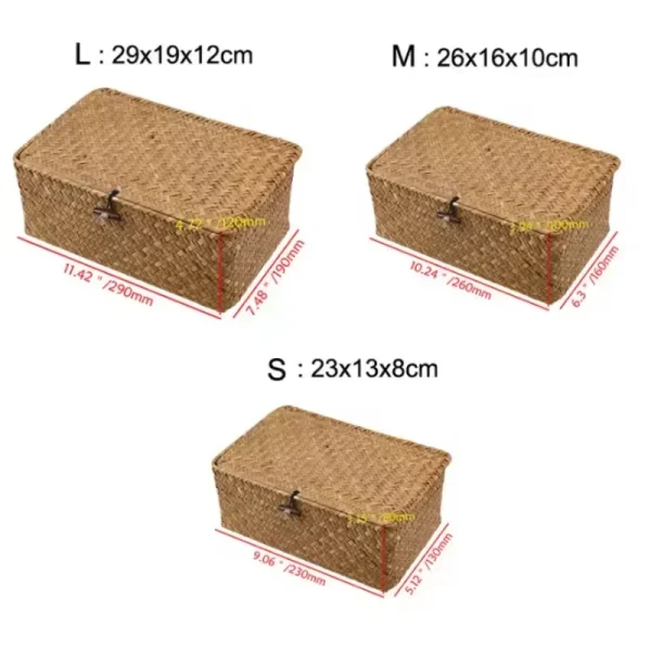 +Seagrass Wicker Shelf Basket with Lid, Handwoven, Desktop Organizer for Makeup & Small Items 3