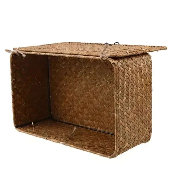 +Seagrass Wicker Shelf Basket with Lid, Handwoven, Desktop Organizer for Makeup & Small Items 4