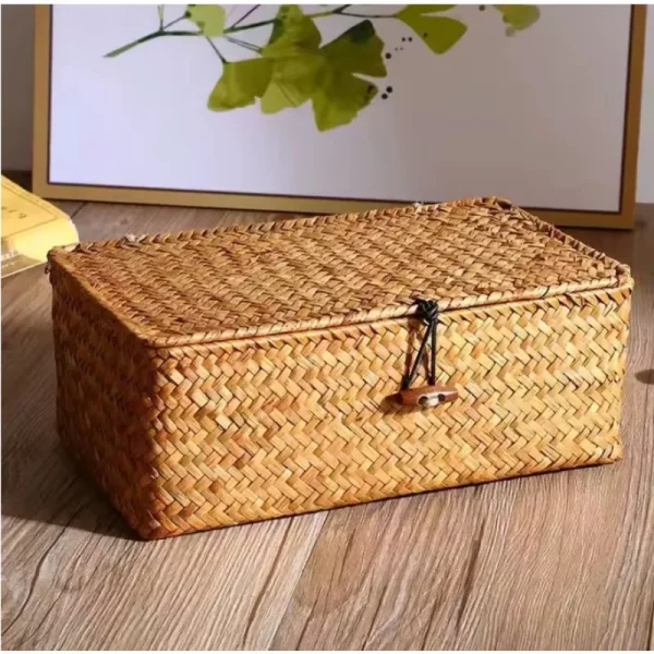 +Seagrass Wicker Shelf Basket with Lid, Handwoven, Desktop Organizer for Makeup & Small Items 5