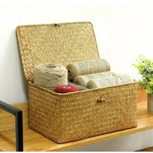 +Seagrass Wicker Shelf Basket with Lid, Handwoven, Desktop Organizer for Makeup & Small Items 6