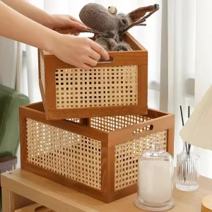 Retro Solid Wood Storage Box Desktop Rattan Basket Book Snacks Fruit Cosmetics Organizer Boxes Home Bathroom Kitchen Basket 1