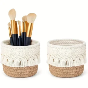 White Woven Storage Baskets - Handcrafted Desktop Organizer with Ribbon Detail -  Lightweight for Cosmetics, Jewelry & Office 1