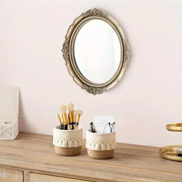 White Woven Storage Baskets - Handcrafted Desktop Organizer with Ribbon Detail -  Lightweight for Cosmetics, Jewelry & Office 2