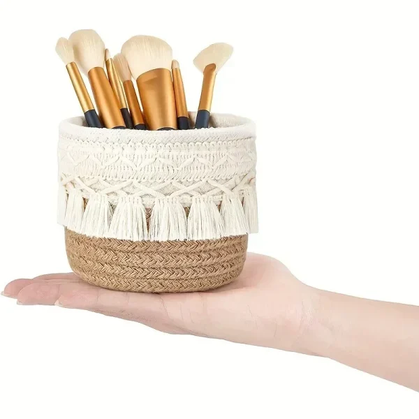 White Woven Storage Baskets - Handcrafted Desktop Organizer with Ribbon Detail -  Lightweight for Cosmetics, Jewelry & Office 4