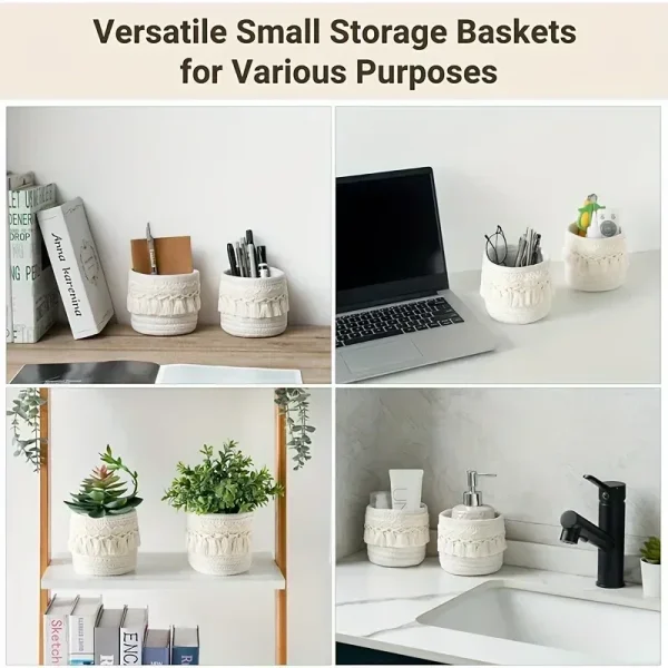 White Woven Storage Baskets - Handcrafted Desktop Organizer with Ribbon Detail -  Lightweight for Cosmetics, Jewelry & Office 5