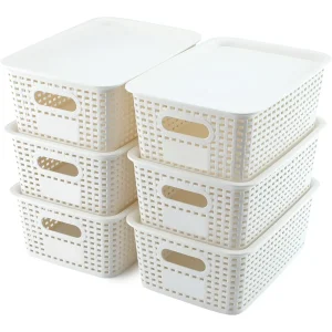 6 Pack Plastic Storage Box Hollowed Out Side Woven Simple Storage Organizer Basket, Home Goods Kitchen Sundry Boxes 1