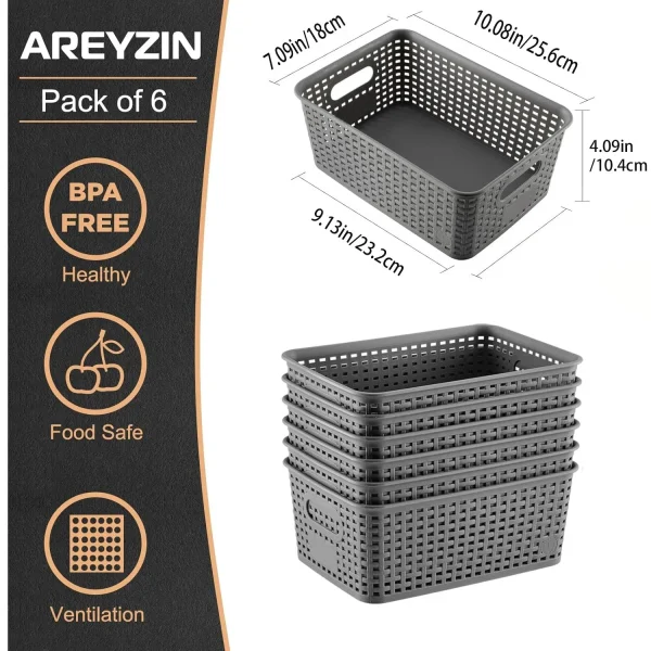 6 Pack Plastic Storage Box Hollowed Out Side Woven Simple Storage Organizer Basket, Home Goods Kitchen Sundry Boxes 5