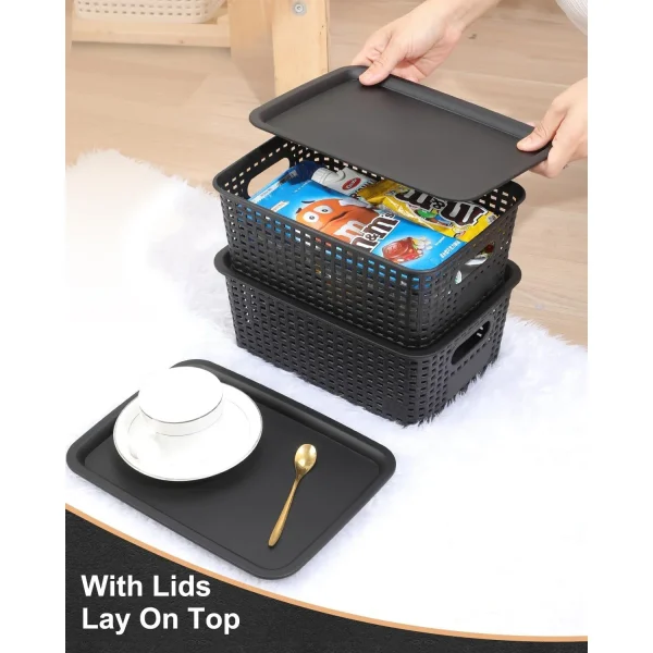 6 Pack Plastic Storage Box Hollowed Out Side Woven Simple Storage Organizer Basket, Home Goods Kitchen Sundry Boxes 6