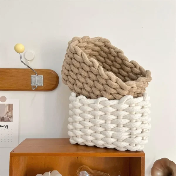 Square Thick Cotton Rope Woven Storage Baskets Hand-woven Desktop Sundries Organize Key Cosmetics Storage 2