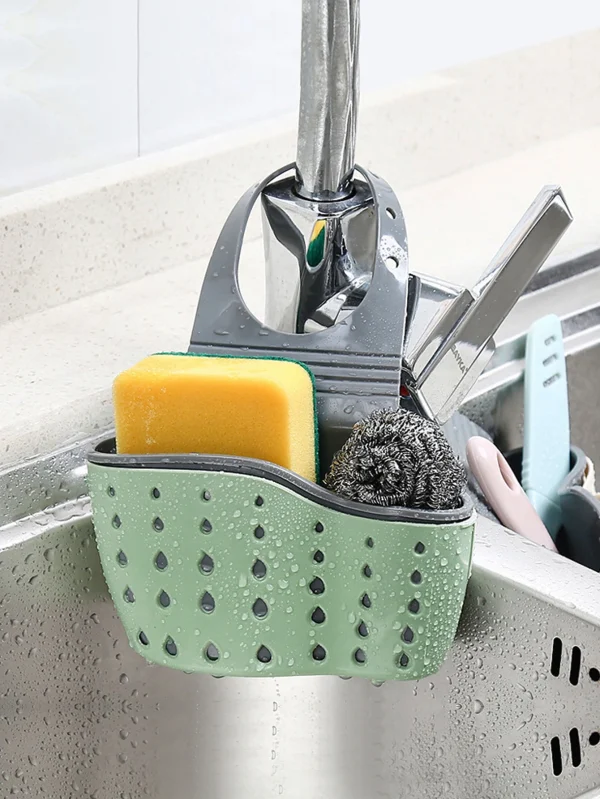 1pc Sink Faucet Drain Basket Hanging Bag Without Punching Adjustable Kitchen Dishwashing Sponge Storage Rack 2