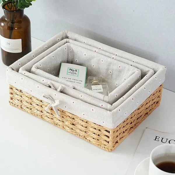 Handwoven Storage Baskets Sundries Organizer with Lid Rectangular Cosmetics Box Clothes Laundry Basket Towel Toys Container 2